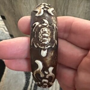Hand Carved Brown and Cream Turtle Bangle Bracelet. Stain over Bone.